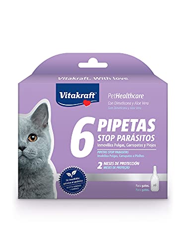 Vitakraft Pipeta Stop Parásitos para Gatos con Dimeticona y Aloe Vera, 1 ml x 6 Pipetas