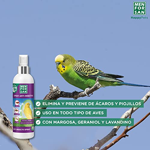 MENFORSAN, Spray Anti-Insectos con Margosa, Geraniol y Lavandino para Aves, Protege a tu pájaro de Cualquier Insecto, 250 ml