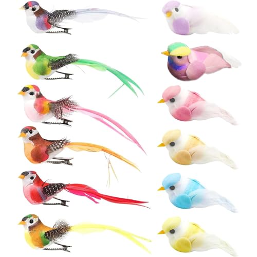 Yueser Pájaros Artificiales,Pájaros de Plumas de Espuma Artificial Pájaros de Imitación con Plumas Figuras de Pájaros Modelo de Pájaro Pluma Pájaro Decorativo para DIY Jardín Boda(12 Piezas)