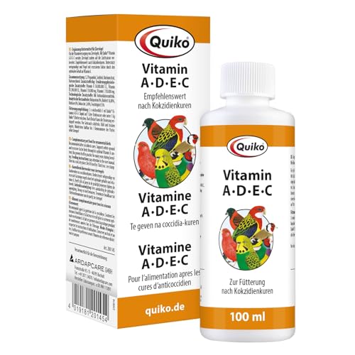 Quiko Vitamin A-D-E-C -100 ml Para el suministro de vitaminas para aves de compañía, palomas de carreras y pollos - Para el suministro de vitaminas después de curas de coccidia