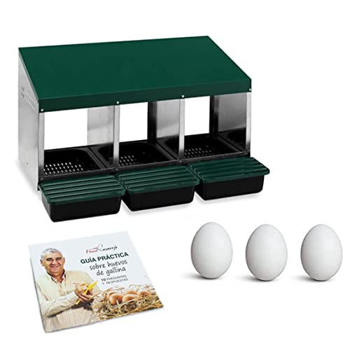 FINCA CASAREJO Ponederos para gallinas + 3 Huevos Falsos y Guía Práctica sobre los Huevos de Gallina | Nidal para gallinas de 3 Huecos