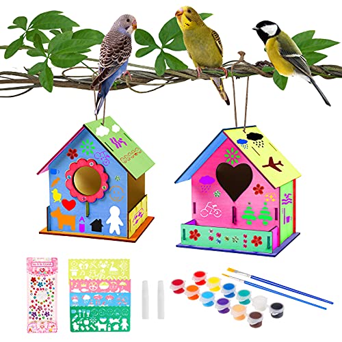 colmanda 2 Pcs Casa de pájaros para Pintar de Bricolaje, Kit de Casas de Pájaros de Madera DIY Casas de Pájaros Manualidades con Herramientas de Pintura Regalo para Niños
