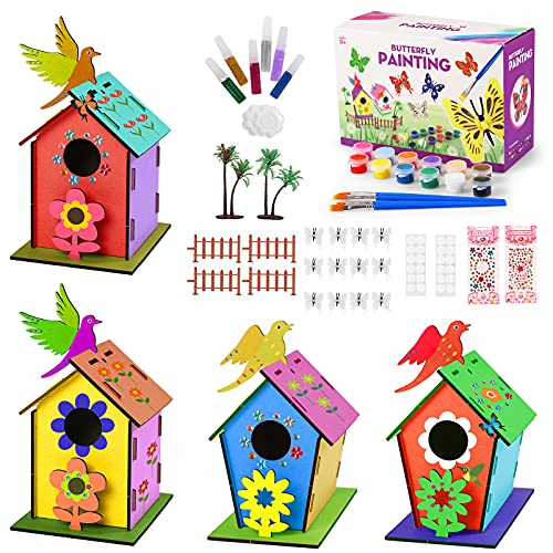 colmanda Casa pájaros Pintar, 4 Piezas Casa de pájaros de Bricolaje, Kit de Casa para Pájaros para Niños Casa de Pájaros Madera, Casa de pájaros para Pintar de Bricolaje Creativo Regalo para Niños