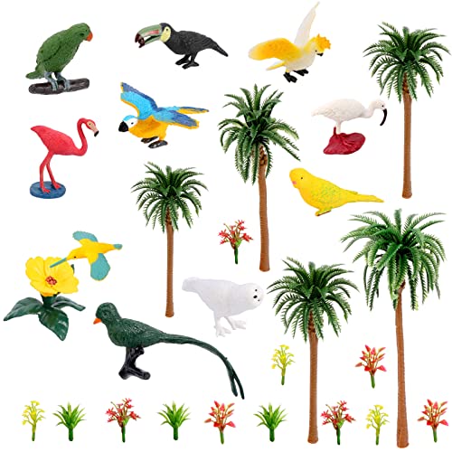 OOTSR 10Pzs Mini Figuras de Pájaros con 17Pzs Árboles en Miniatura Flores, Figuras de Animales de Juguete para Niños Tarta de Cumpleaños, Decoración de Fiestas Hawaianas (Tamaño Mini)