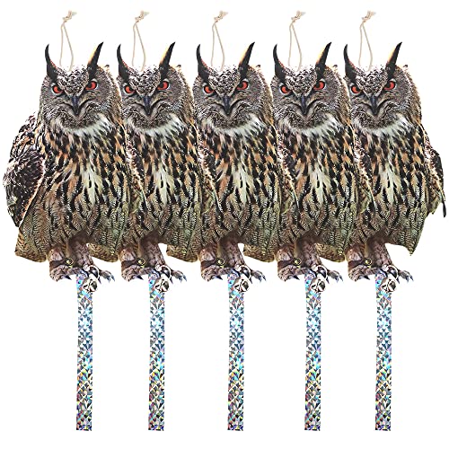 Skystuff Ahuyentador de pájaros, búho ahuyentador de pájaros, cinta para disuadir, espantapájaros, cinta reflectante colgante con cascabeles, 5 unidades