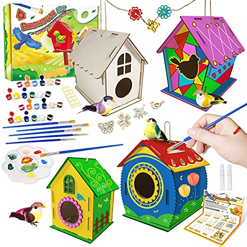 Casitas de Pajaros Kits, 4 Piezas DIY Casa Pajaros, Manualidades para niños Artes y Manualidades de Madera para de 5 a 12 años, Casa de pájaros para Pintar de Bricolaje Creativo Regalo para Niños